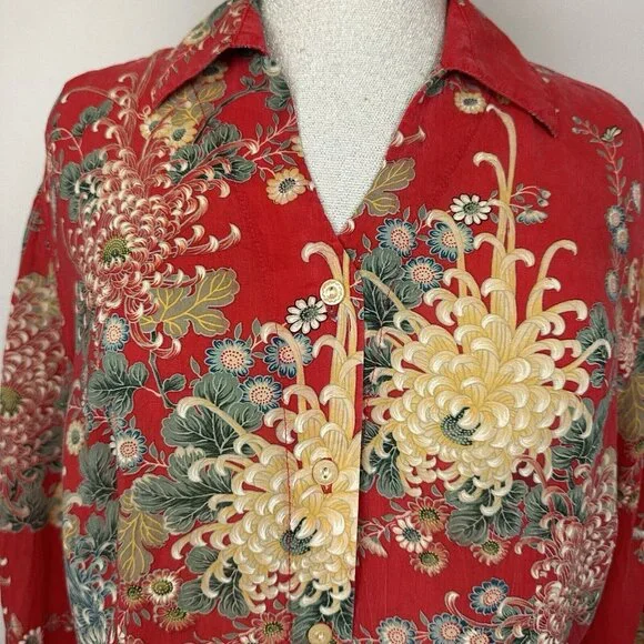 Tianello Womens Top Blouse Sz L Suzy Button Up Red Boho Floral Rayon USA Artsy - Picture 3 of 12